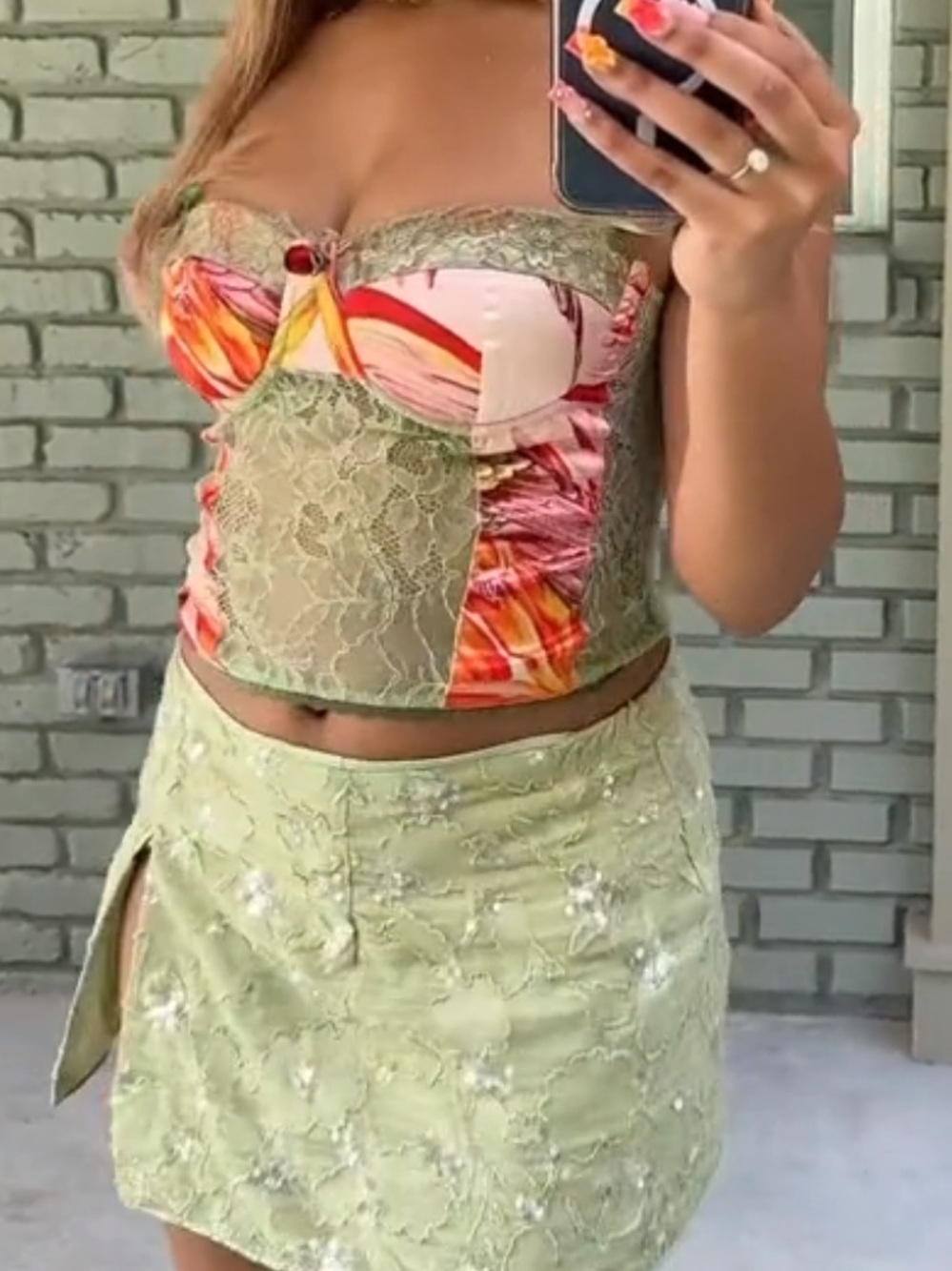Floral Lace Bustier Top in Pastel Green and Pink